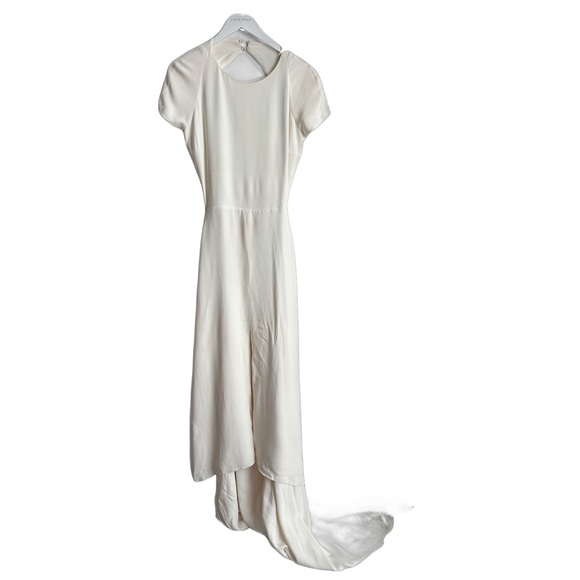 Sarah Seven Kir Wedding Dress Short Sleeve Open Back Train Size 16 Tailored - Picture 3 of 16